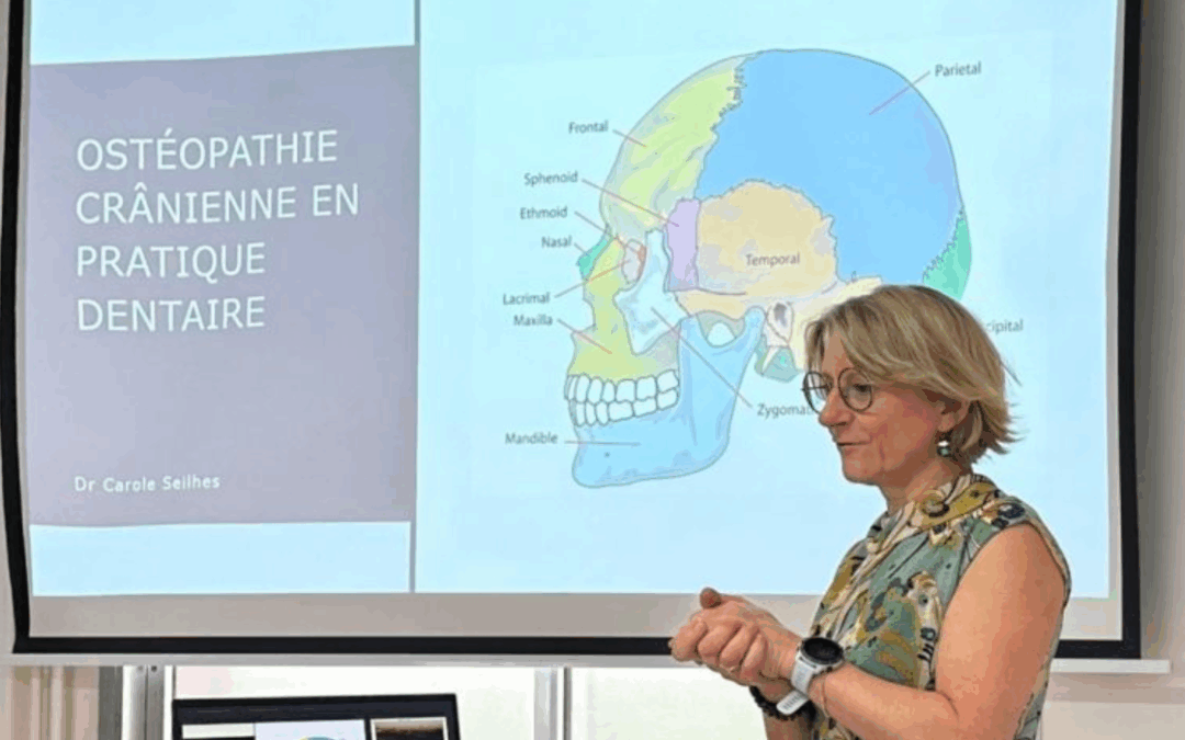 Dr Carole Seilhes présentant un cours sur l’ostéopathie crânienne en pratique dentaire, illustrant l’intégration de l’approche ostéopathique dans la prise en charge des troubles temporo-mandibulaires.